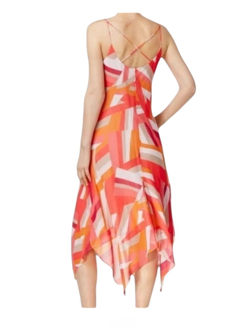 Calvin Klein Women’s 4 Pink Orange Geometric Strappy Handkerchief Midi Dress